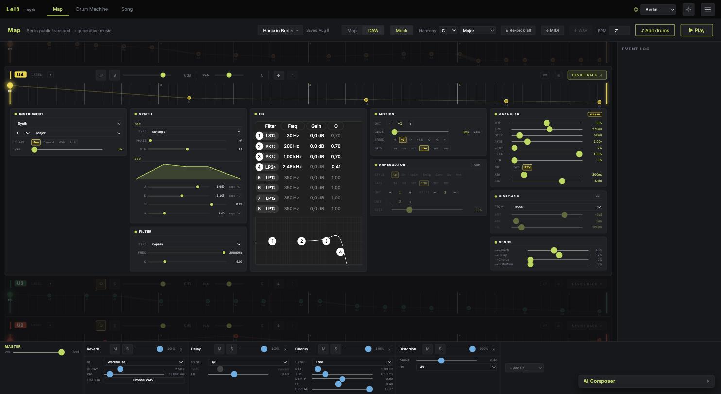 Layth per-lane device rack with synth, envelope, EQ, motion, granular, and sends