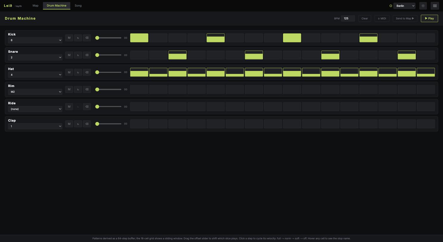 Layth drum machine with six pads and a sixteen-step grid