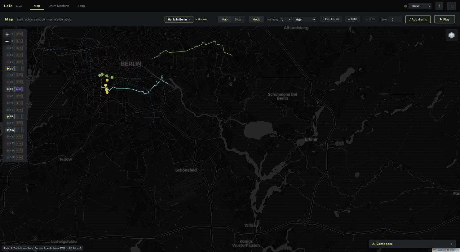 Layth map view showing Berlin transit lines as coloured tracks